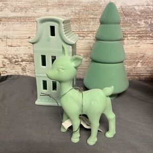 NWT Target bullseye Christmas 2024 mint green light-up house, flocked tree deer
